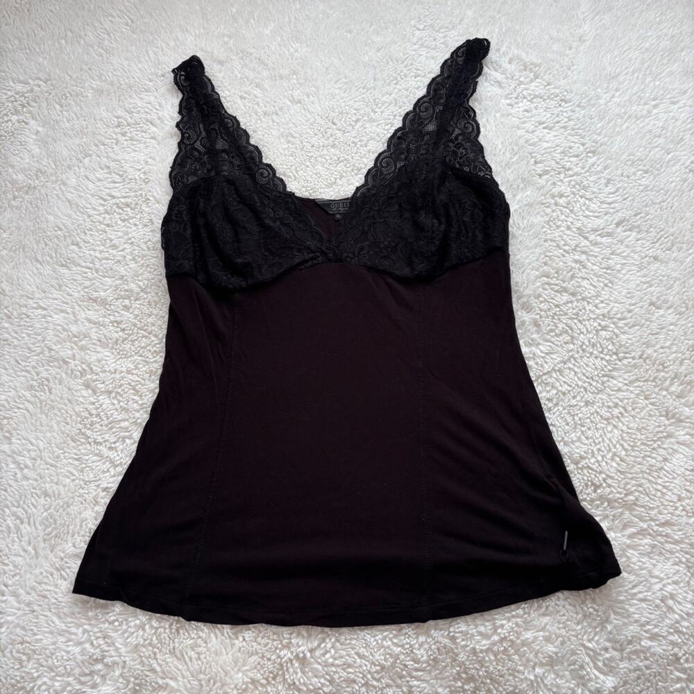 Guess Womens Y2K Black Floral Lace Babydoll Tank Top XL Whimsygoth Emo Grunge